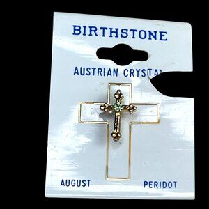 August Peridot Birthstone Cross Pin Austrian Crystal Gold Tone Green